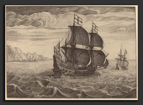 Follower of Pieter Bruegel the Elder, Ship in Full Sail with Two Flags, engraving