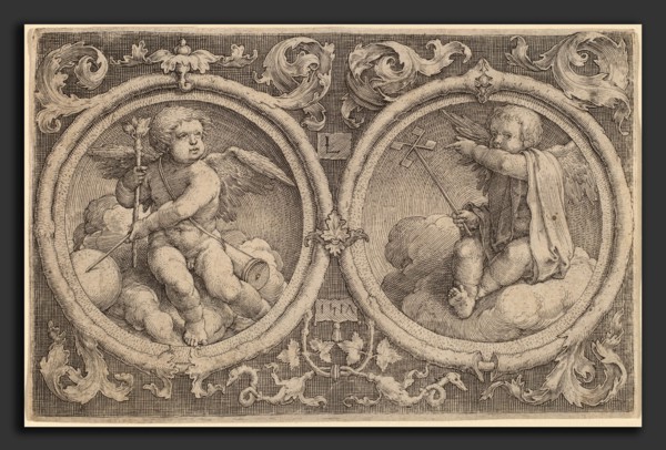 Lucas van Leyden (Netherlandish, 1489-1494 - 1533), Two Cupids Seated on Clouds in Two Circles,
