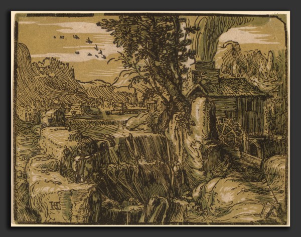 Hendrik Goltzius (Dutch, 1558 - 1617), Landscape with a Waterfall, probably 1592-1595, chiaroscuro