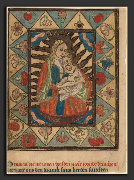 Netherlandish 15th Century, The Madonna and Child, c. 1500, woodcut,  hand-colored in light and