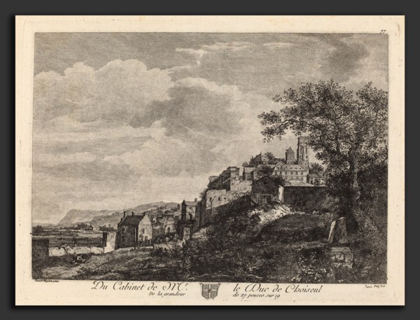 Jeanne Deny after Jan van der Heyden, View of a Hilltown, French, born 1749, engraving