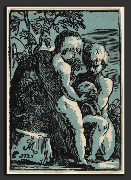 Anton Maria Zanetti (Italian, 1679-1680 - 1767), Two Children Petting a Lamb, 1725, chiaroscuro