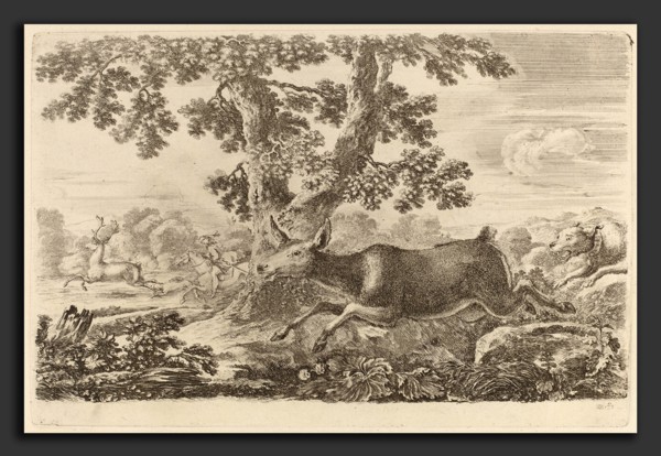 Stefano Della Bella (Italian, 1610 - 1664), Deer Chased by a Dog to the Right, etching on laid