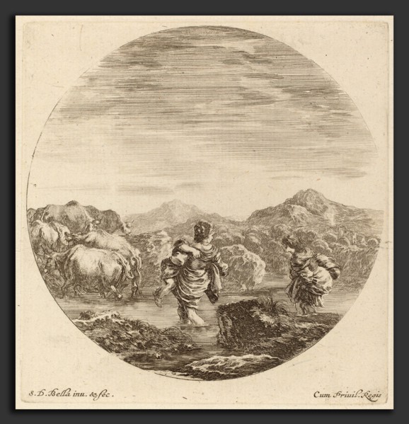 Stefano Della Bella (Italian, 1610 - 1664), Two Women Fording a Creek with a Herd of Cows, etching