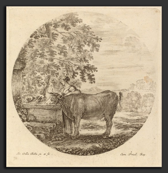 Stefano Della Bella (Italian, 1610 - 1664), Cow and Young Shepherd at a Fountain, etching on laid