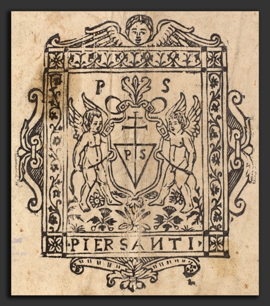 Italian 16th Century, Two Putti with Shield Inscribed Pier Santi, 16th century, woodcut