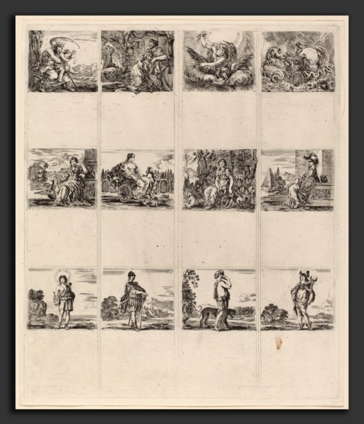 Stefano Della Bella (Italian, 1610 - 1664), Mythological Playing Cards, 1644, 12 etchings on one