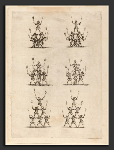 Stefano Della Bella (Italian, 1610 - 1664), Thirty-Six Jugglers Standing in Pyramids, 1652, etching