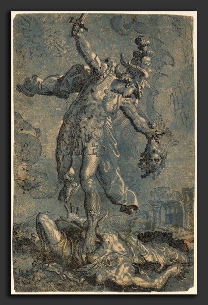 Italian 16th-17th Century after Marco Pino, Perseus, chiaroscuro woodcut printed in black and blue