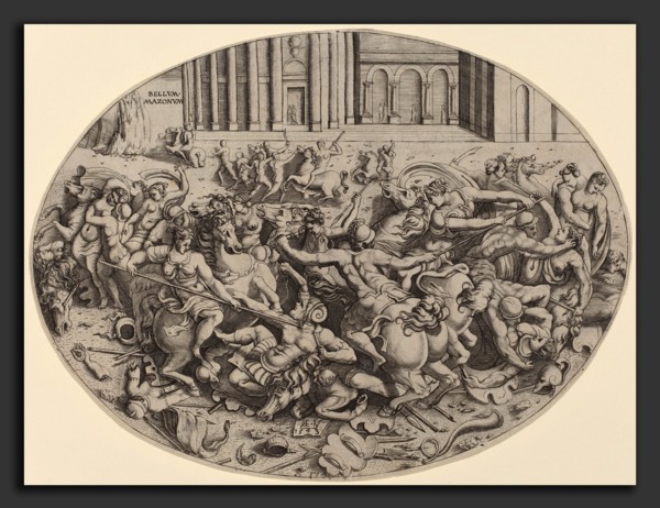 Enea Vico (Italian, 1523 - 1567), The Battle of the Amazons [recto], 1543, engraving
