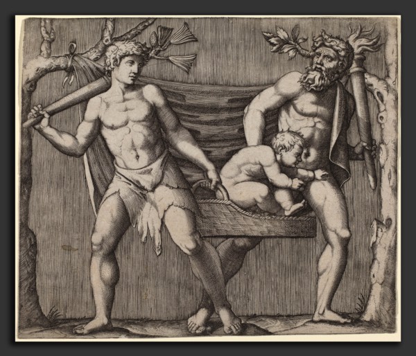 Marcantonio Raimondi (Italian, c. 1480 - c. 1534), Two Fauns Carrying a Child, engraving
