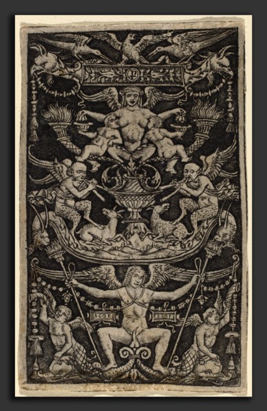 Peregrino da Cesena (Italian, active c. 1490-1520), Panel of Ornament with a Satyress Feeding Two