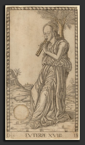 Master of the E-Series Tarocchi (Italian, active c. 1465), Euterpe, c. 1465, engraving with gilding