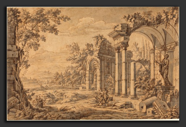 Johann Oswald Harms (German, 1643 - 1708), Landscape with a Draftsman among Ancient Ruins, 1670s,
