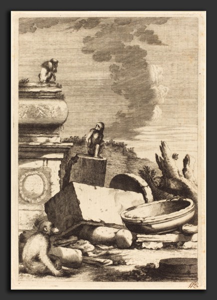 Bernhard Zaech after Jonas Umbach (German, active c. 1650), Ruins with Monkeys and an Owl, c. 1650,
