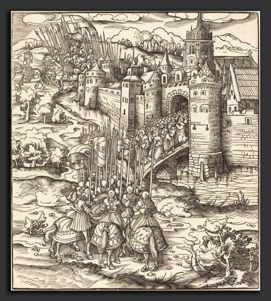 Leonhard Beck (German, c. 1480 - 1542), Various Men Kneeling on a Bridge in front of a Town,