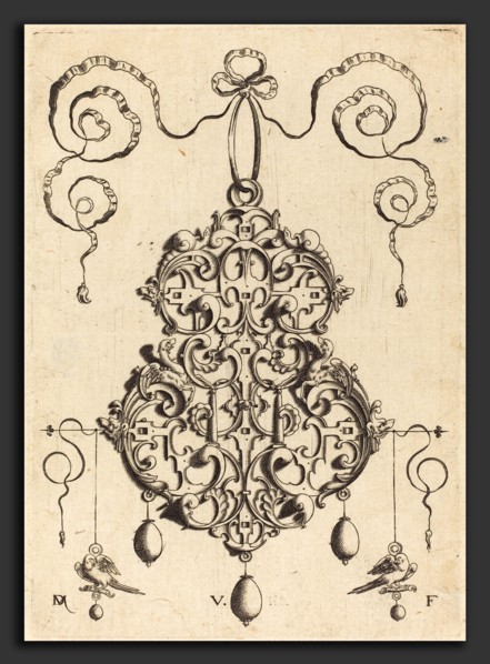 Daniel Mignot (German, active 1593-1596), Strapwork Pendant with Two Birds as Earrings at Left and
