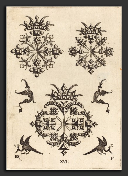 Daniel Mignot (German, active 1593-1596), Three Brooches with Fantasy Birds at Left, Right, and