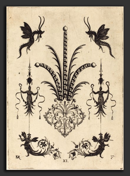 Daniel Mignot (German, active 1593-1596), Brooch with Table-Stones, Winged Animals at Top, and