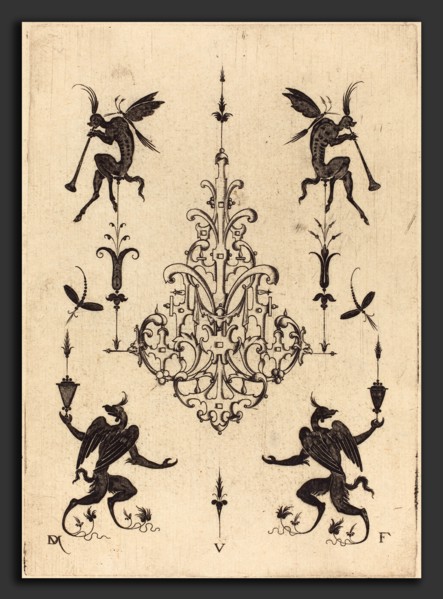Daniel Mignot (German, active 1593-1596), Brooch with Fantasy Creatures Blowing Horns at Top and