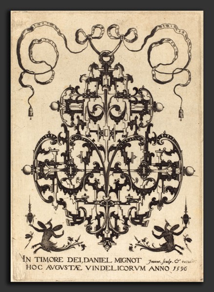 Daniel Mignot (German, active 1593-1596), Title Page: Large Pendant, Two Winged Imaginary Figures