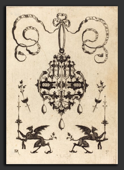 Daniel Mignot (German, active 1593-1596), Large Pendant, Lower Left and Right Two Griffins Carrying