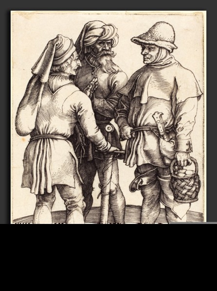 Albrecht DÃ¼rer (German, 1471 - 1528), Three Peasants in Conversation, c. 1497, engraving on laid