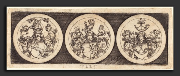 Sebald Beham (German, 1500 - 1550), Three Medals with Coats of Arms, engraving