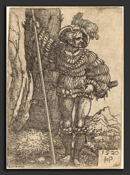 Sebald Beham (German, 1500 - 1550), Foot Soldier Standing by a Tree, 1520, etching