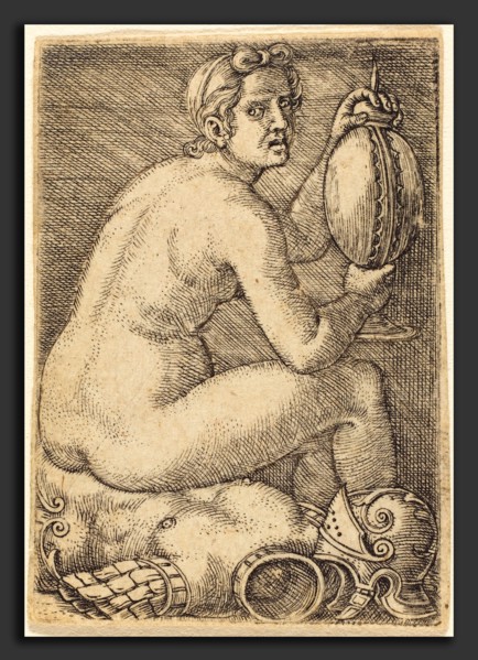Barthel Beham (German, 1502 - 1540), Naked Woman on an Armor (Prudentia?), engraving
