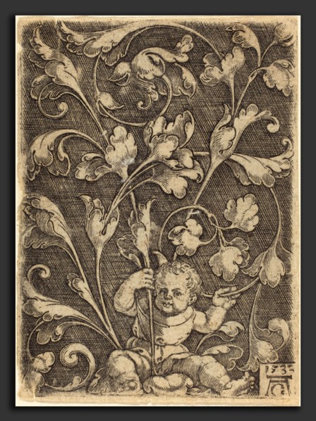 Heinrich Aldegrever (German, 1502 - 1555-1561), Scroll Ornament with Seated Child, 1532