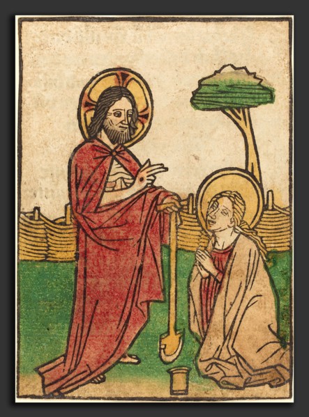 Ludwig of Ulm (German, active 1450-1470), Noli me tangere, hand-colored woodcut (blockbook page)