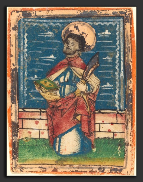 German 15th Century, Saint Bartholomew, 1480-1490, woodcut, hand-colored in blue, red lake, green,