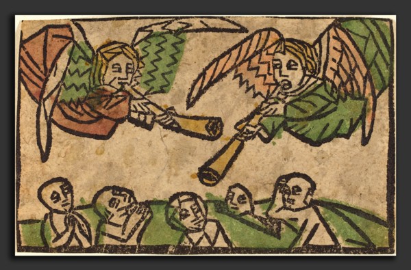 German 15th Century, The Resurrection of the Dead, c. 1460-1470, woodcut, hand-colored in red lake,
