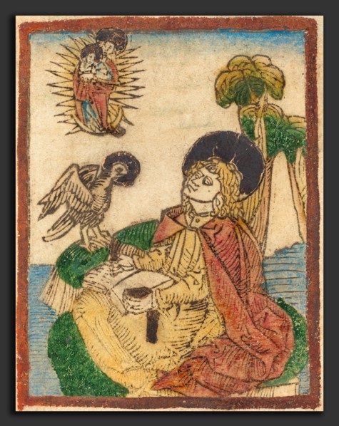 German 15th Century, Saint John on the Island of Patmos, 1480-1490, woodcut in brown, hand-colored