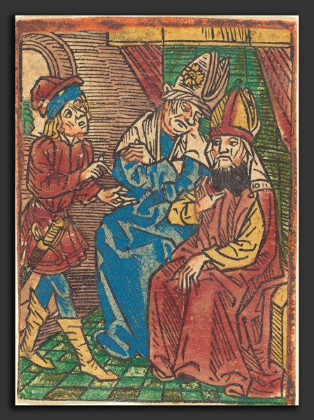 German 15th Century, Council of High Priests, c. 1490, hand-colored woodcut