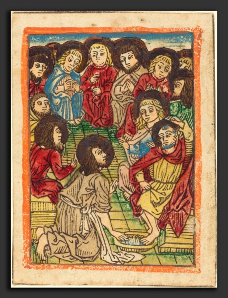 German 15th Century, Christ Washing the Apostles' Feet, c. 1480, woodcut in brown, hand-colored in