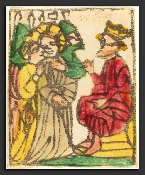 German 15th Century, Christ before Herod, probably 1425-1450, woodcut, hand-colored in red lake,