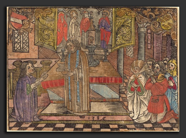 German 15th Century, Miracle at Seefeld, 1484, woodcut, hand-colored in red, blue, yellow, purple,