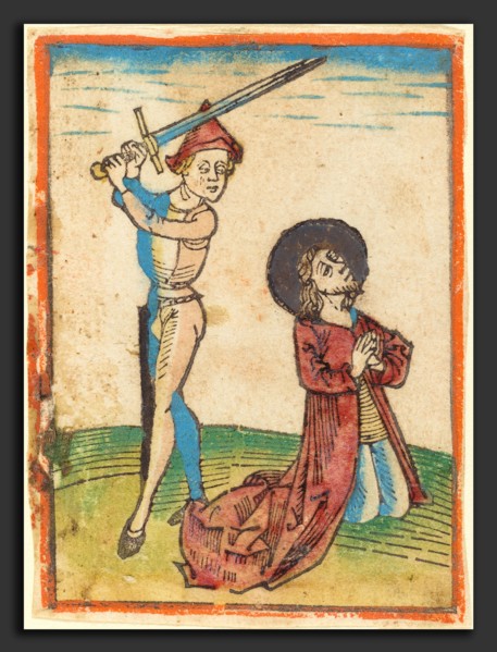 German 15th Century, Martyrdom of a Saint, c. 1480, woodcut, hand-colored in red lake, green,