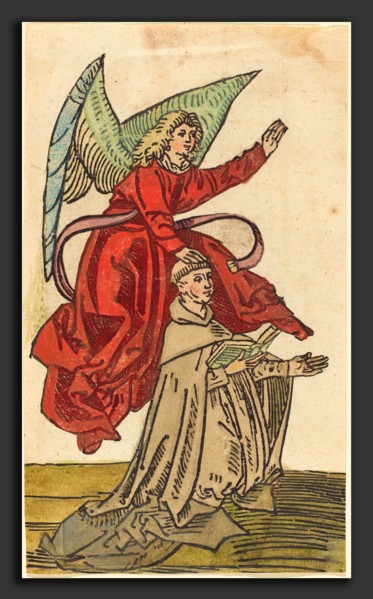 German 15th Century, A Monk with an Angel, 1480-1490, woodcut, hand-colored in red, olive-gray,