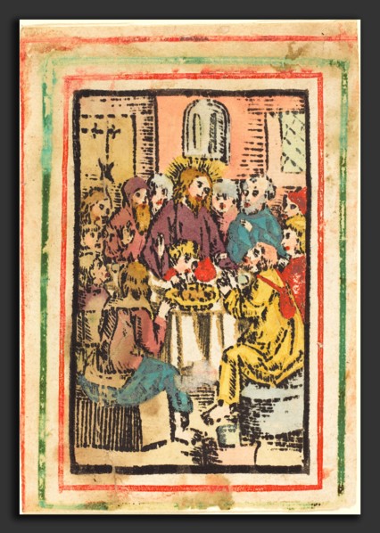 German 15th Century, The Last Supper, c. 1480-1500, woodcut, hand-colored in blue, lt. blue,