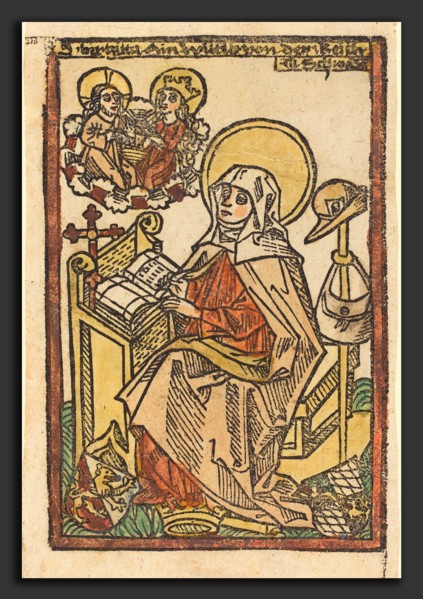 German 15th Century, Saint Bridget, c. 1480-1500, woodcut, hand-colored in orange, yellow, gray,