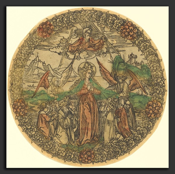 German 15th Century, Madonna in a Wreath of Roses, 1490-1500, woodcut, hand-colored in red lake,