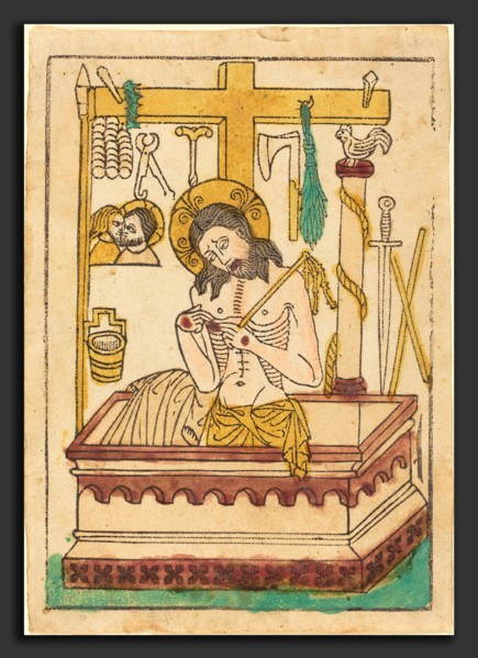 German 15th Century, Christ as the Man of Sorrows, 1430-1440, woodcut, hand-colored in red lake,