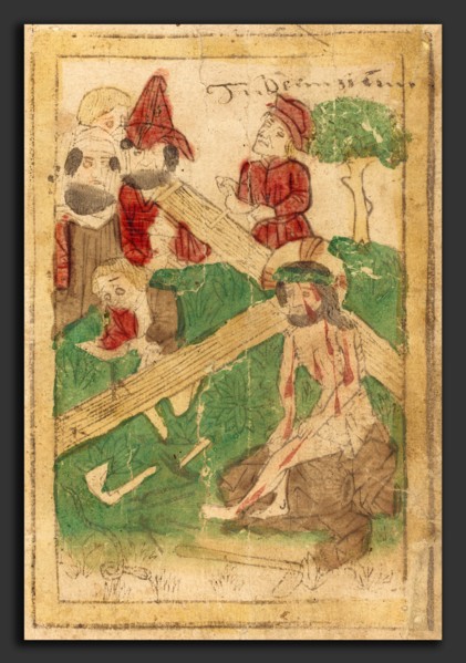 German 15th Century, The Preparation for the Crucifixion, c. 1470, woodcut in brown, hand-colored