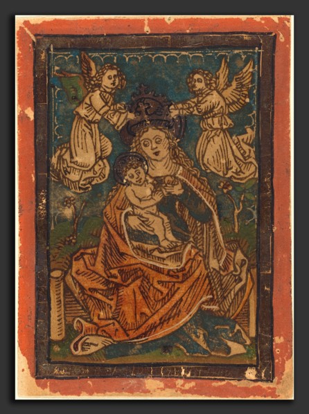 German 15th Century, Madonna and Child Seated on a Grassy Bank with Angels, 1480-1490, woodcut in
