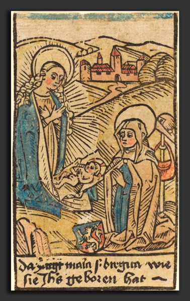 German 15th Century, Madonna and Saint Bridget, c. 1480-1500, woodcut, hand-colored in blue,