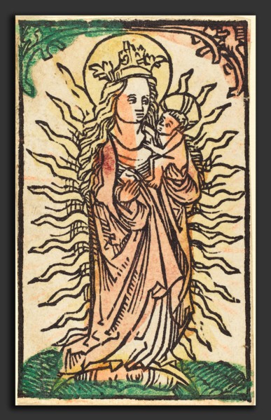 German 15th Century, Madonna and Child in a Glory Standing on a Crescent Moon, 1470-1480, woodcut,