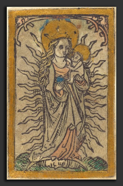 German 15th Century, Madonna and Child in a Glory Standing on a Crescent Moon, 1470-1480, woodcut,